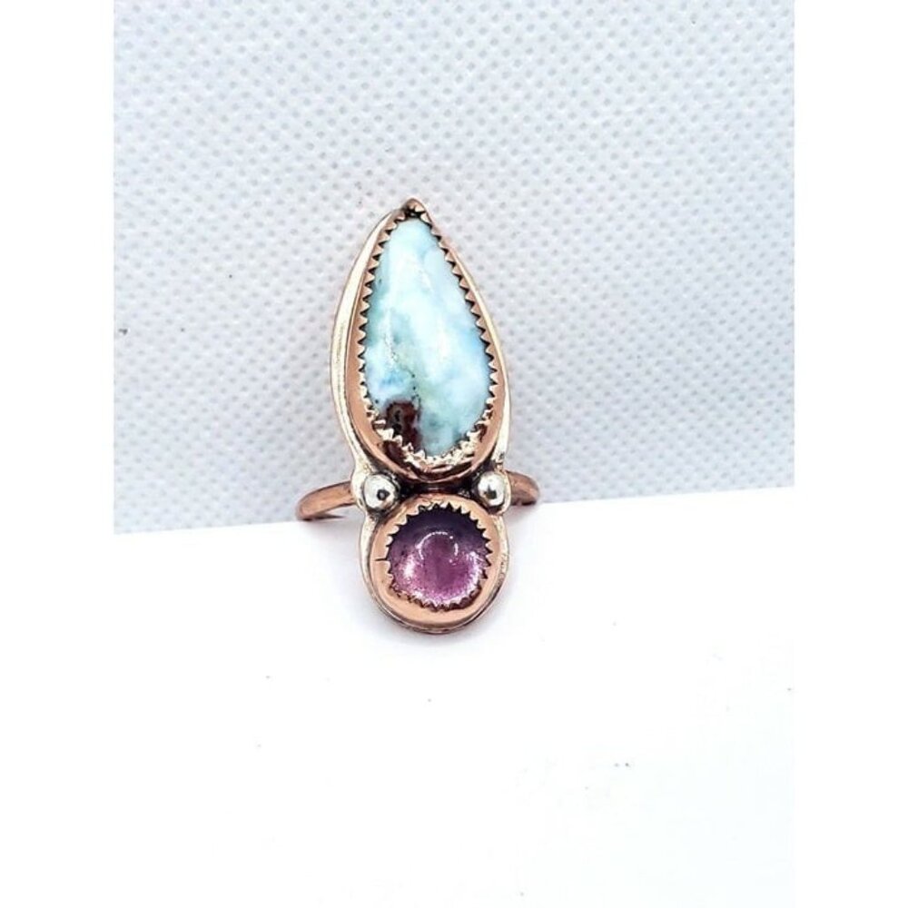 Amethyst and Larmiar Crystal Statement Ring Handmade Copper Jewelry Boho - Picture 12 of 12